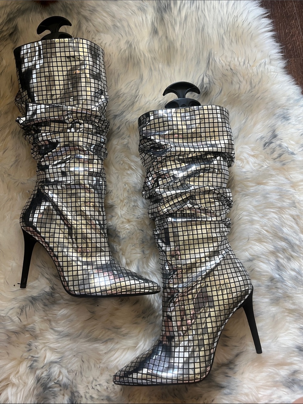 BRAND NEW Jessica Simpson Silver Mirrored Grid Knee-High Heeled Boots v - Picture 3 of 4